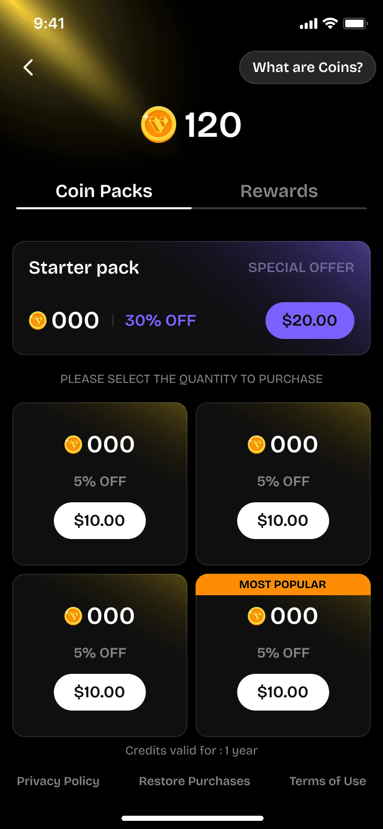 Coin balance screen